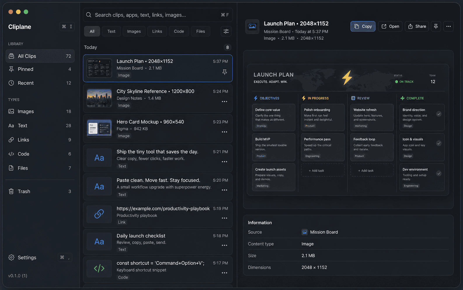 Cliplane app window showing a launch plan image clip, clipboard history, preview actions, and clip information.
