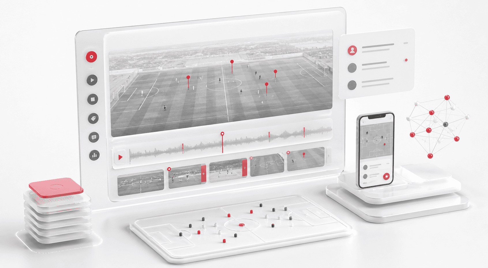 Film review workflow with a video timeline, play markers, annotation pins, and mobile review surface
