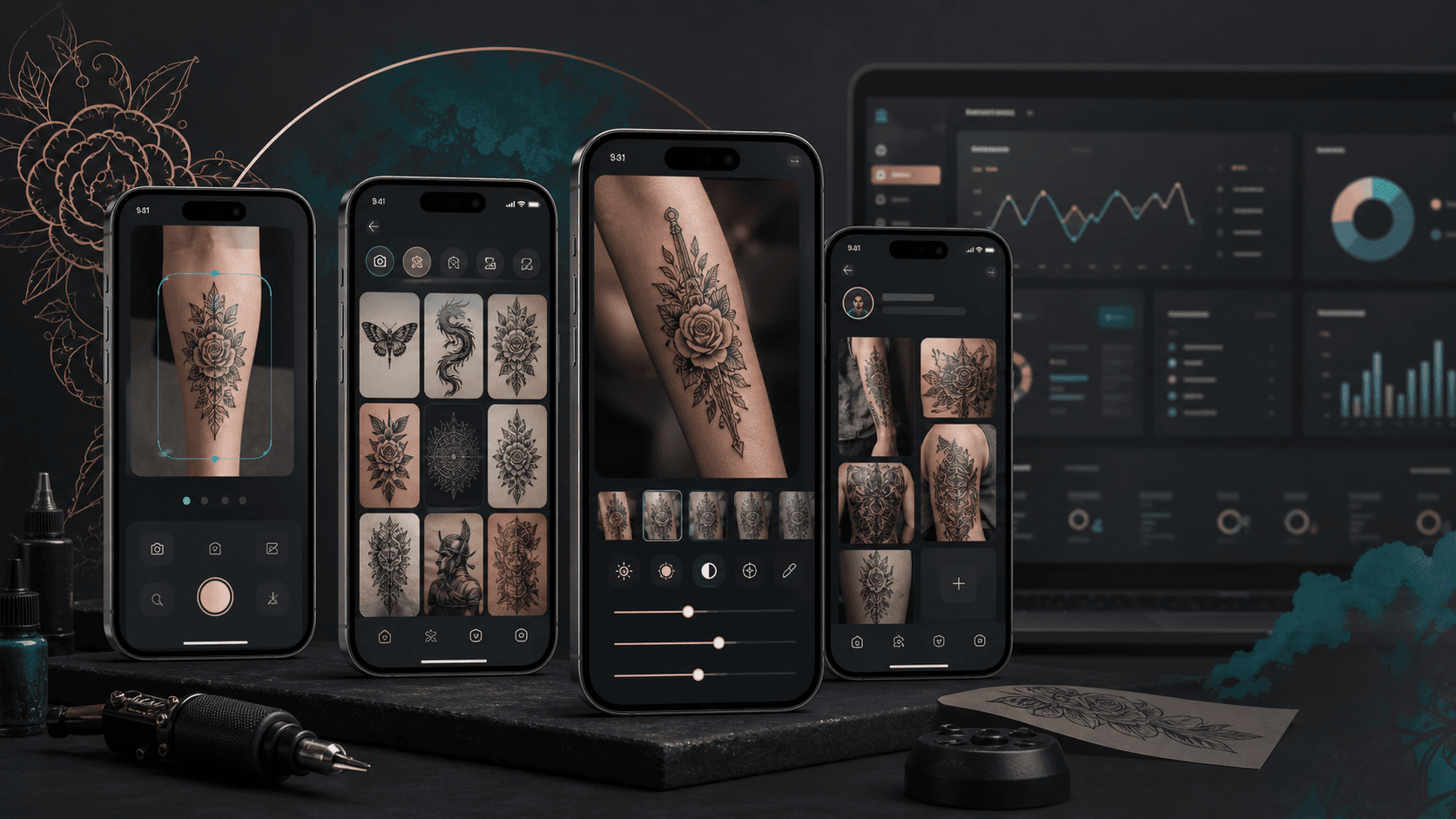 Mobile tattoo design studio visual with image upload, tattoo inspiration, lighting controls, saved designs, profile portfolio, and admin operations modules