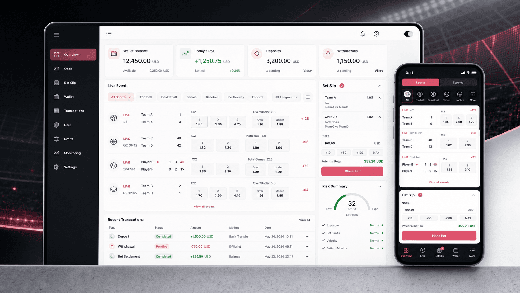 Sports odds and wallet platform visual with event cards, odds tiles, bet slip controls, and transaction panels