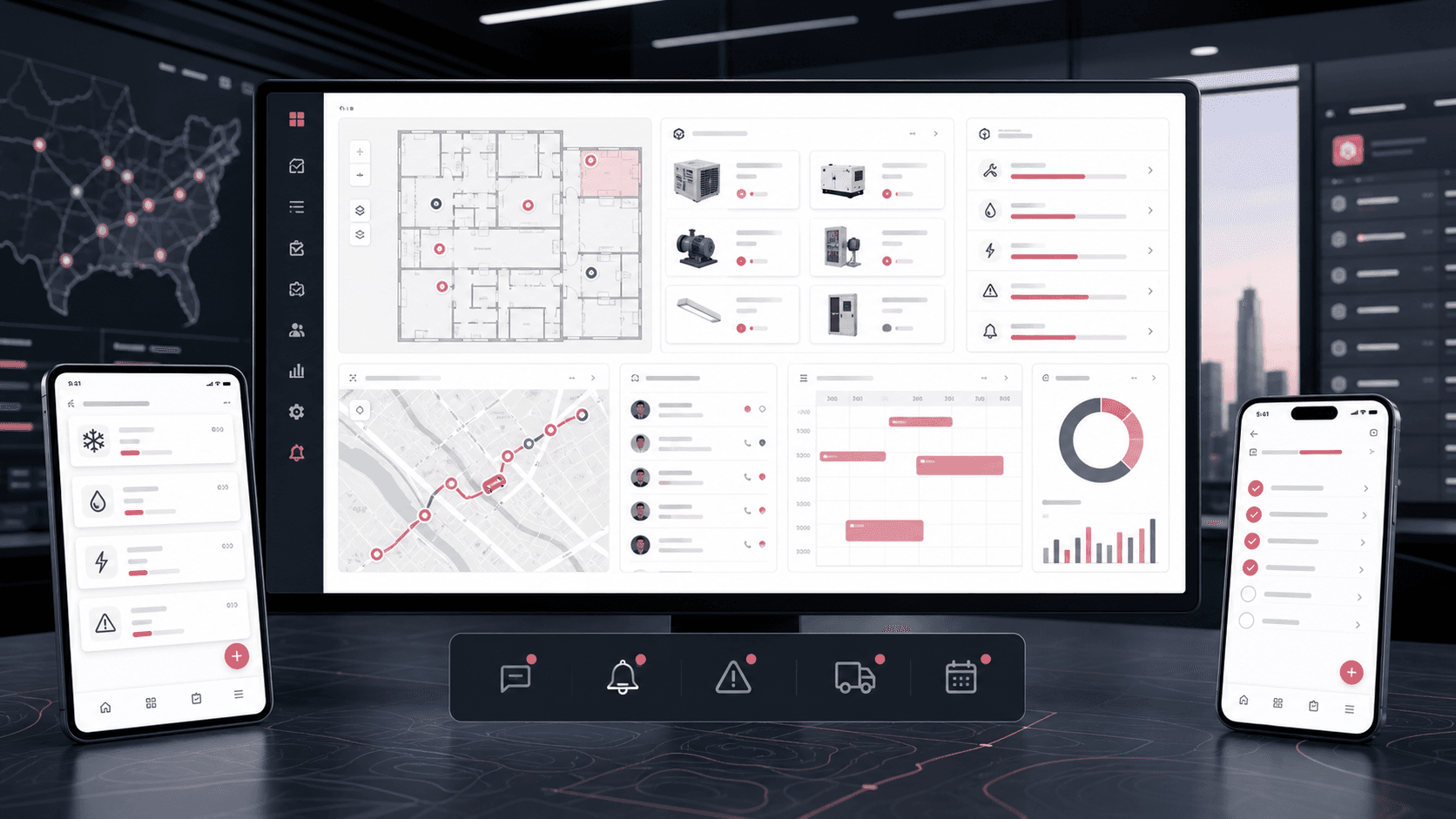 Facility operations platform visual with asset cards, building map, maintenance tickets, inspections, fleet route, vendor dispatch, calendar, and mobile app surfaces