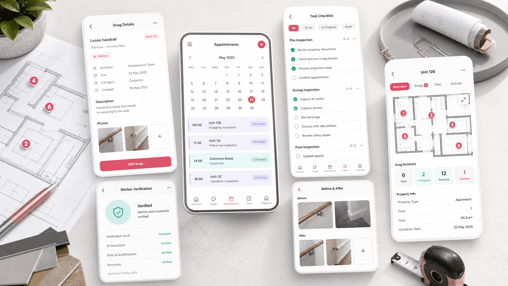 Property snagging mobile app visual with snag cards, appointment calendar, task checklist, before and after photo placeholders, and worker verification status