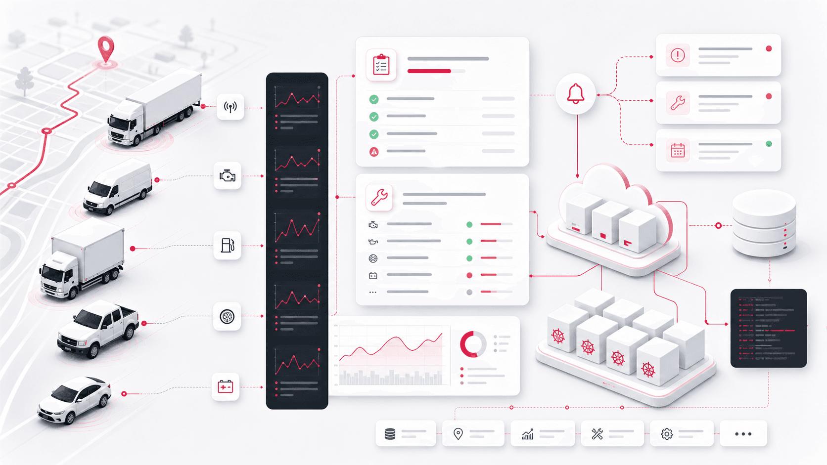 Abstract fleet operations API platform visual with vehicle telemetry streams, inspection cards, maintenance status panels, and service blocks