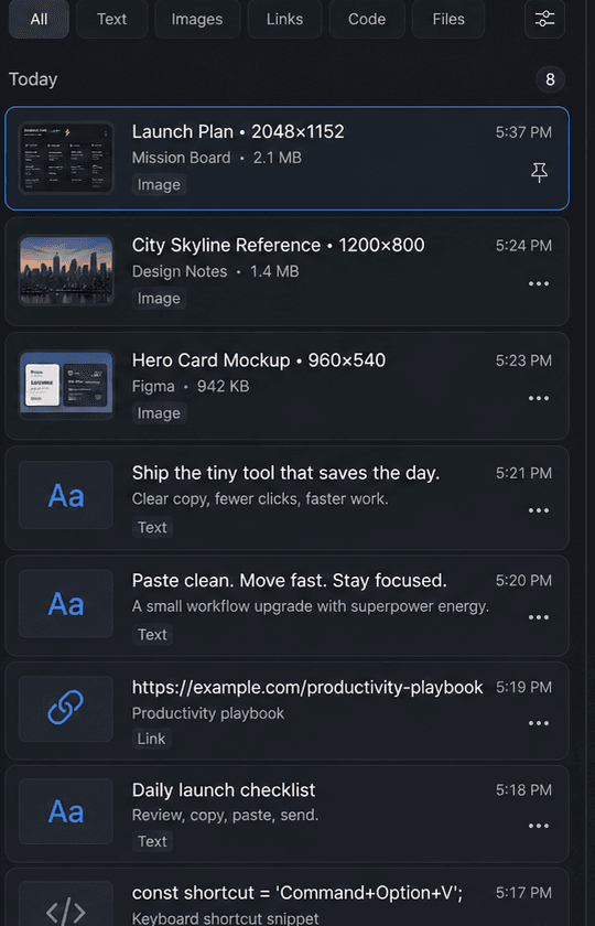 Cliplane clip list with images, text, links, code, and files available from one searchable history.