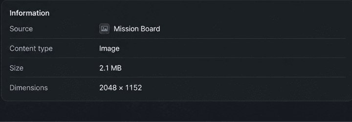 Cliplane information panel showing source, content type, file size, and image dimensions for a clip.
