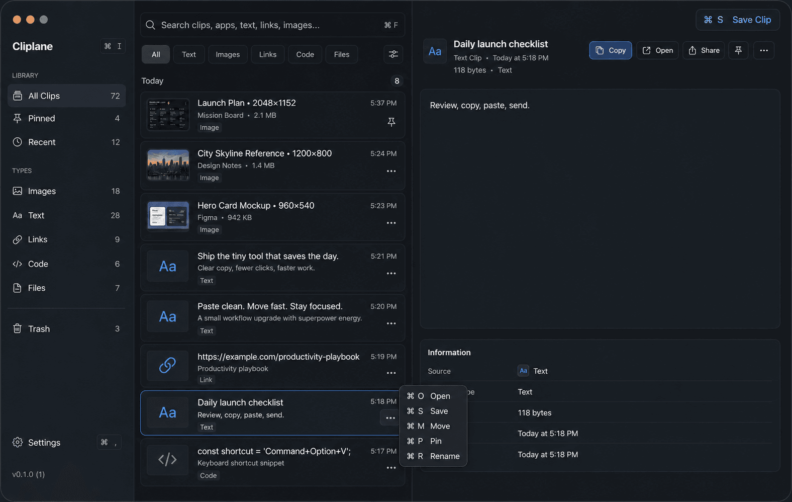 Cliplane showing keyboard shortcuts for selected clip actions in the clipboard studio.