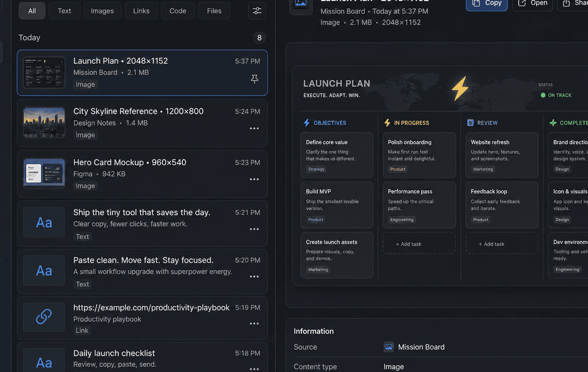 Cliplane clipboard history and preview interface cropped for mobile landing page display.