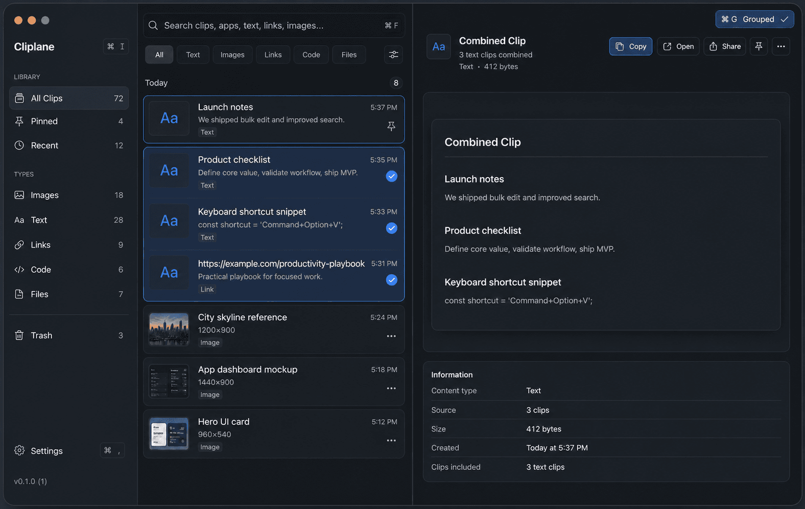 Cliplane showing multiple text clips selected for keyboard grouping and reuse.