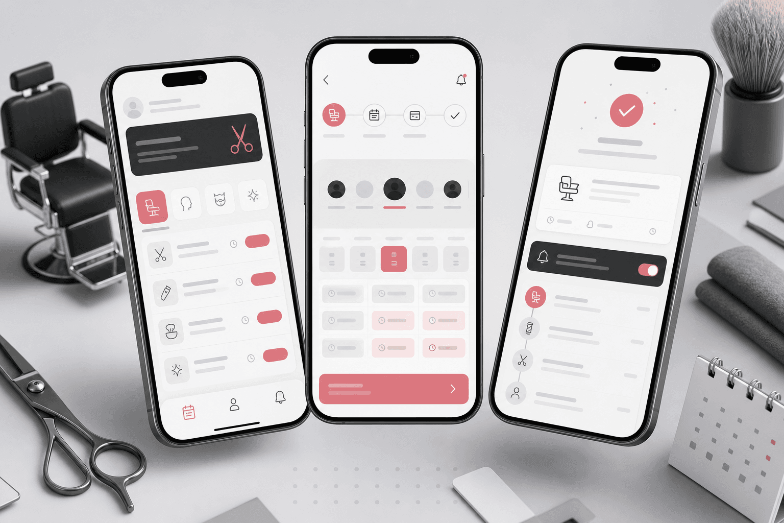 Barbershop appointment booking mobile app visual with service cards, barber availability, appointment confirmation, reminders, and profile surfaces