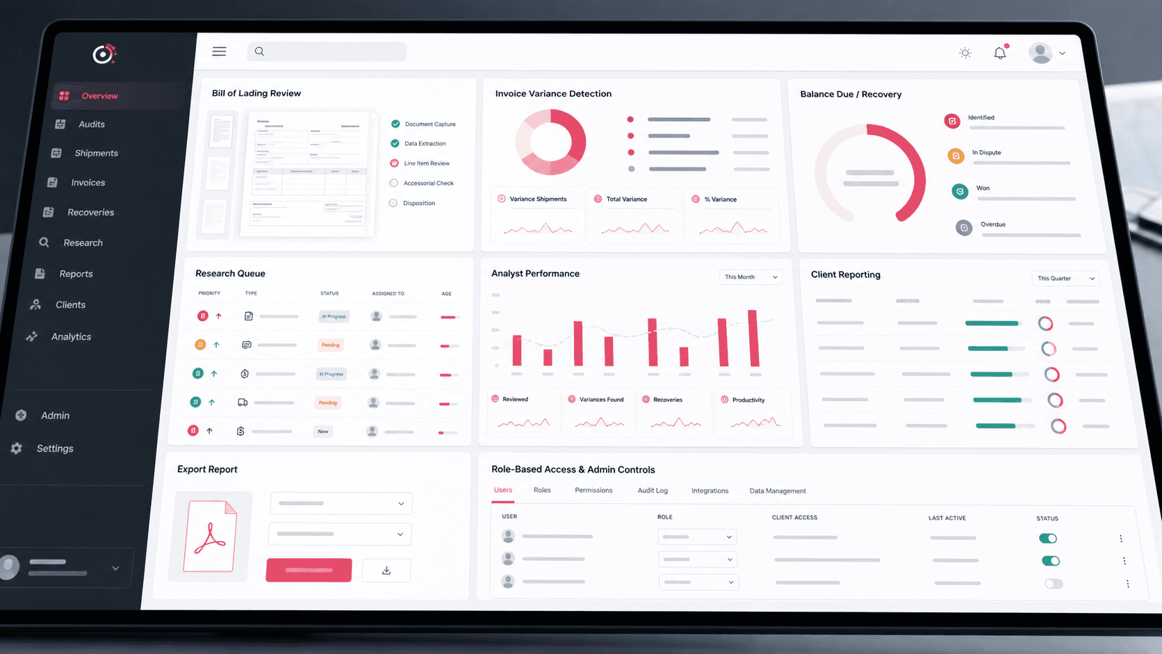 Logistics revenue audit dashboard visual with invoice variance cards, bill of lading review, research queue, report export, and analyst controls