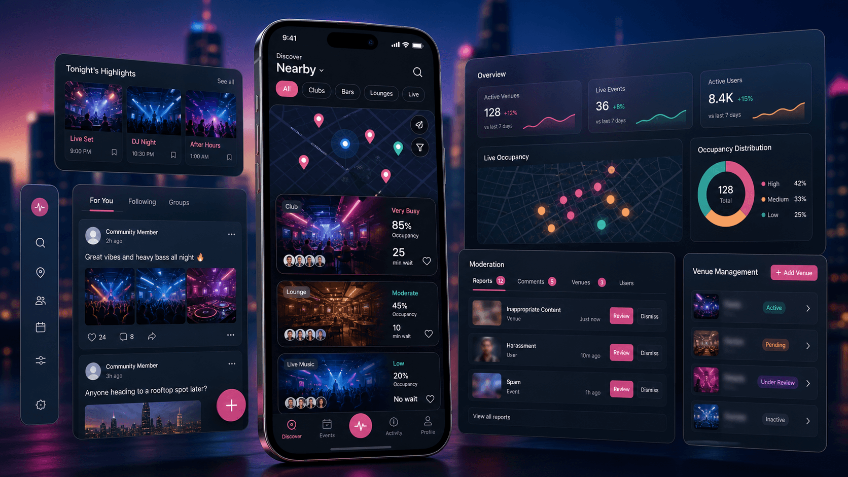 Nightlife venue discovery platform visual with mobile map discovery, club cards, occupancy signals, event activity, posts, and admin moderation surfaces