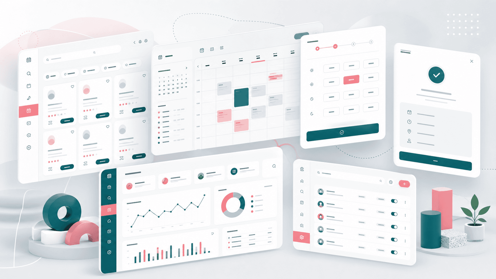 Service appointment marketplace visual with provider discovery cards, calendar availability, time slots, booking confirmation, dashboard metrics, and admin user controls