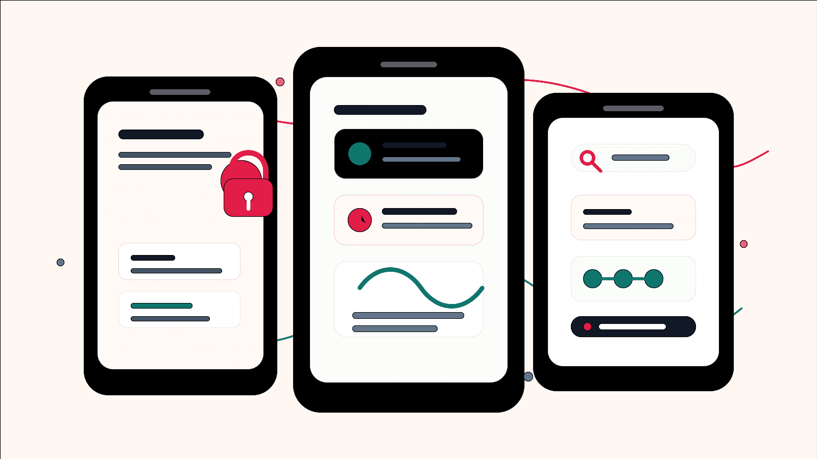 Shared team notes and knowledge-sharing product visual with abstract mobile screens for locked notes, reminders, search, sharing, and offline sync